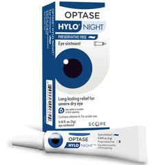 Optase HYLO Night tubo frontal mostrando el envase y la marca para identificación rápida