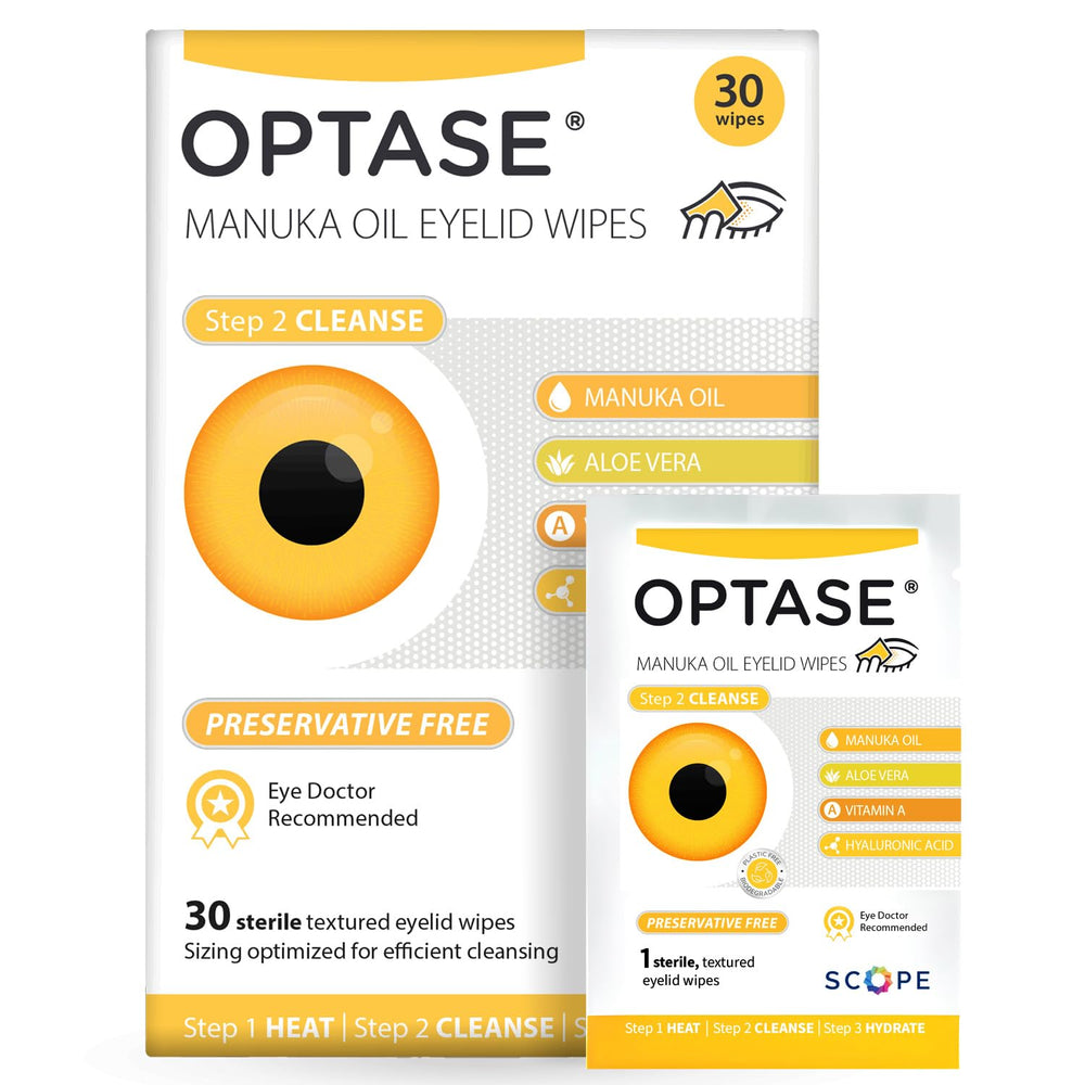 OPTASE empaque frontal mostrando 30 toallitas y beneficios para higiene palpebral