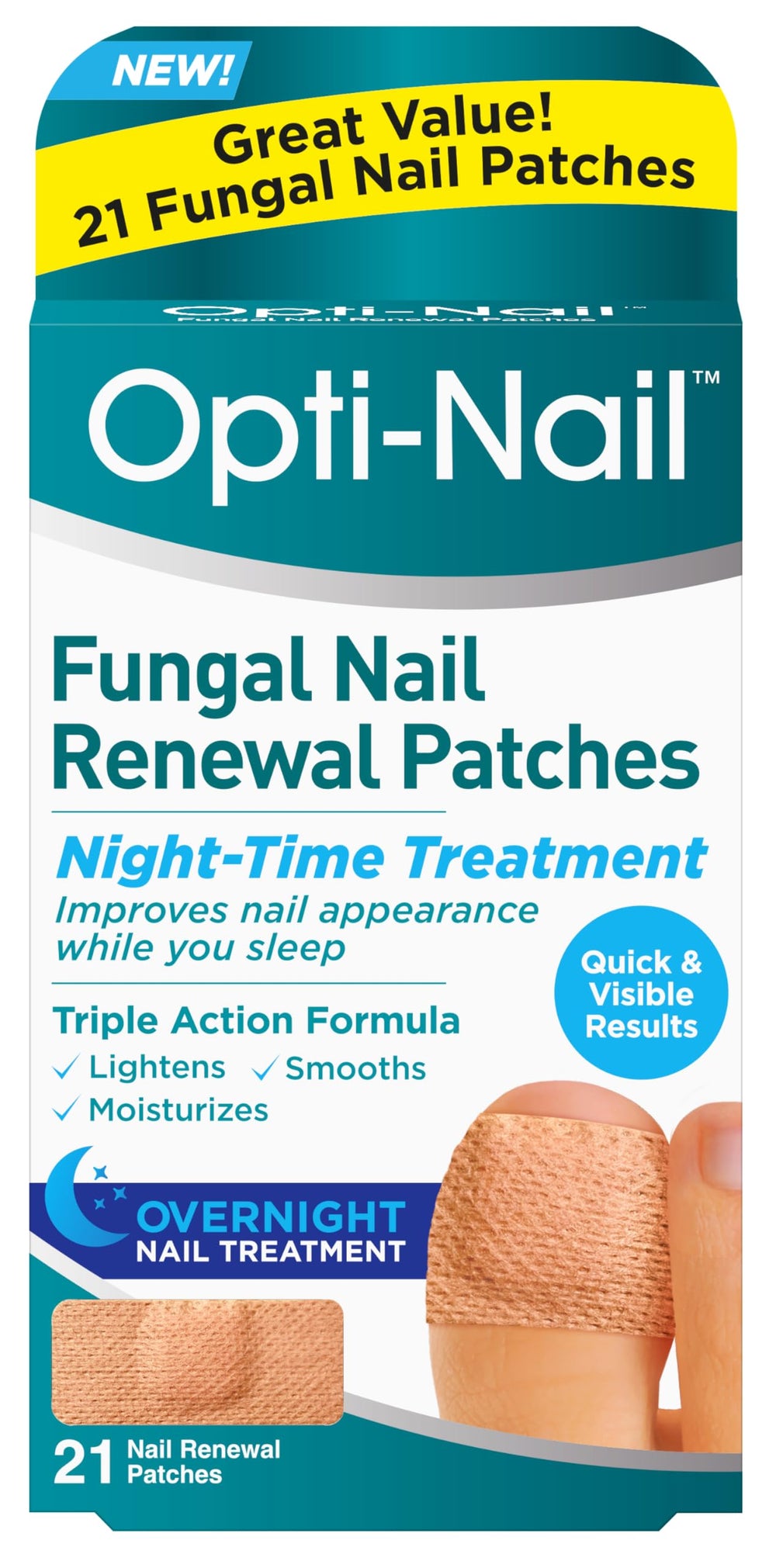 Opti-Nail envase frontal mostrando 21 parches y beneficio de aclarado