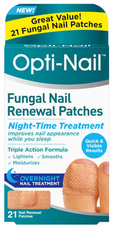 Opti-Nail envase frontal mostrando 21 parches y beneficio de aclarado