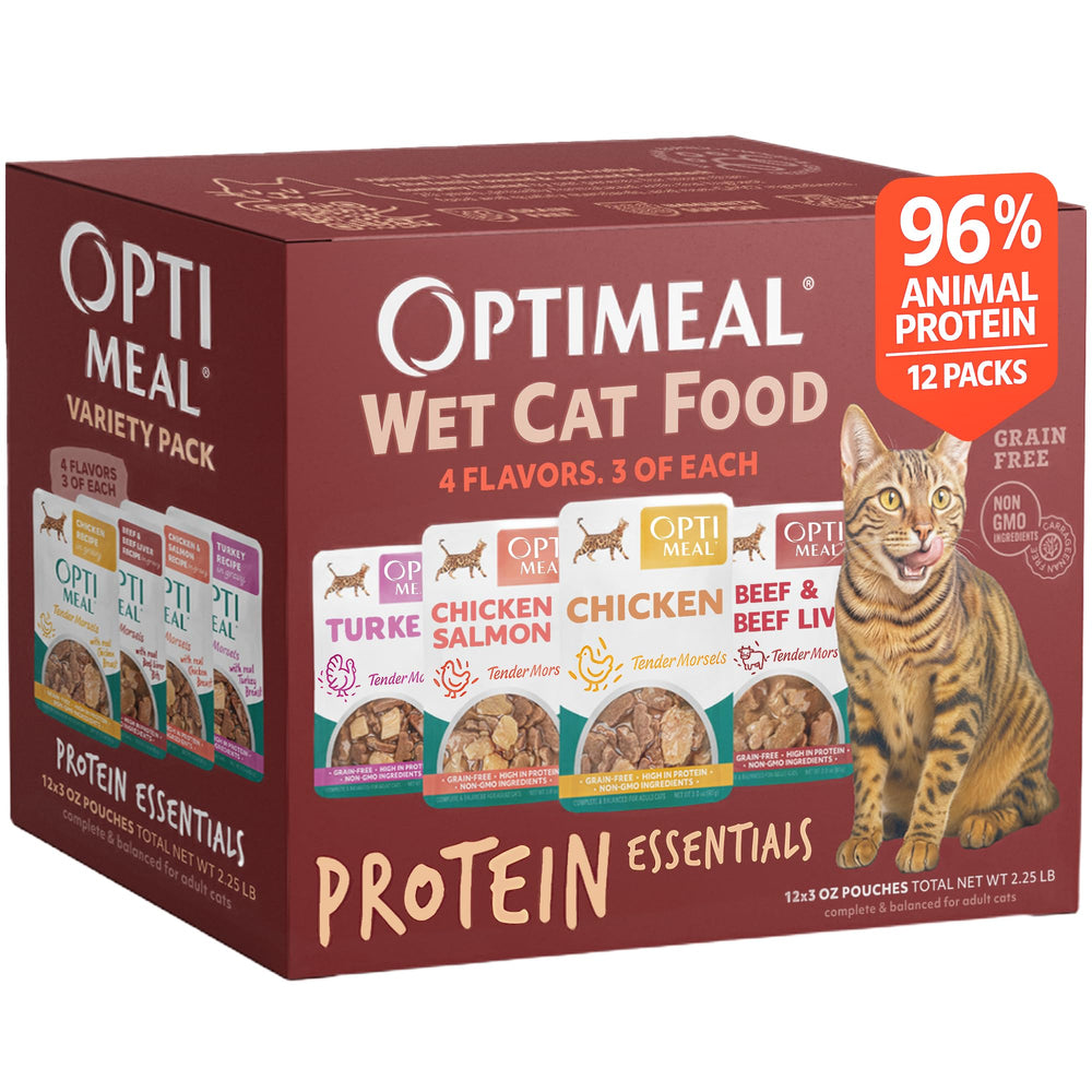 Optimeal pack frontal con 12 sobres mostrando variedad de sabores y conveniencia
