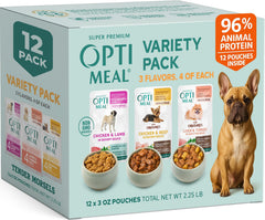 Optimeal vista frontal del pack pequeño con 12 pouches, conveniencia y raciones listas