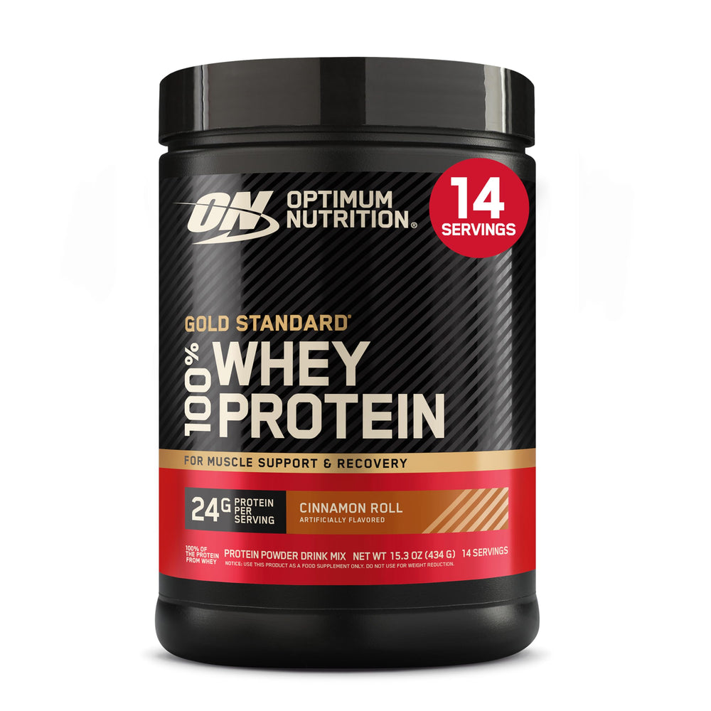 Optimum Nutrition frasco delantero Cinnamon Roll mostrando diseño y beneficios
