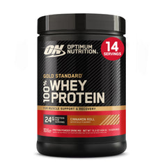 Optimum Nutrition frasco delantero Cinnamon Roll mostrando diseño y beneficios