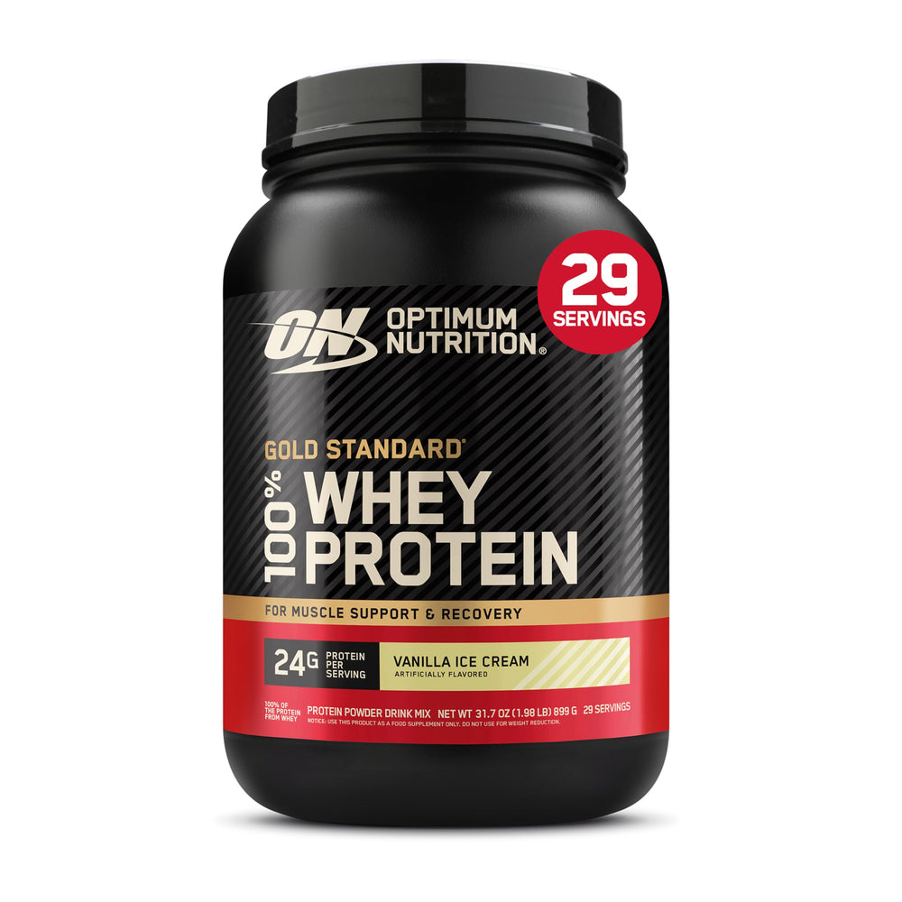 Optimum Nutrition bote frontal mostrando el diseño y beneficio de proteína rápida