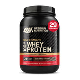 Optimum Nutrition envase frontal mostrando sabor Double Rich Chocolate y beneficios