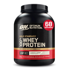 Optimum Nutrition envase frontal Cookies & Cream mostrando tamaño y marca