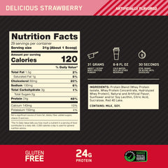 Optimum Nutrition polvo fresa en cuchara mostrando textura fina y mezclable