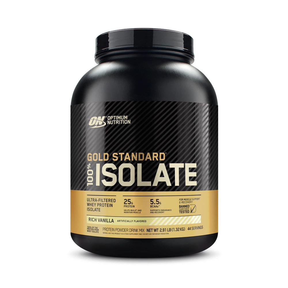 Optimum Nutrition bote frontal Rich Vanilla mostrando la marca y beneficio de proteína pura