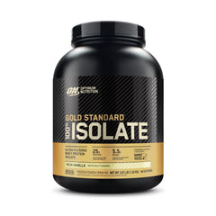 Optimum Nutrition bote frontal Rich Vanilla mostrando la marca y beneficio de proteína pura