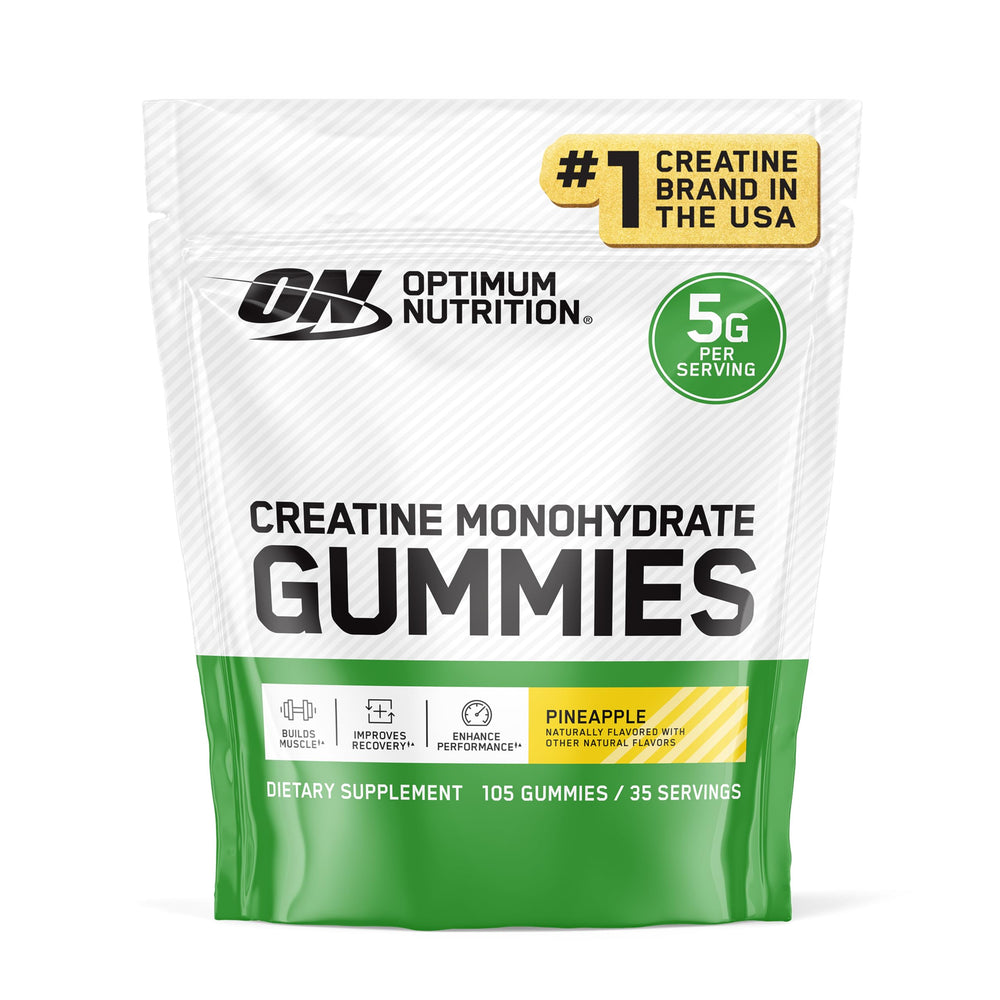 Optimum Nutrition frasco frontal mostrando gominolas y fácil transporte