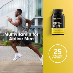 Optimum Nutrition Opti-Men etiqueta nutricional visible, marca y lista de 21 vitaminas para referencia