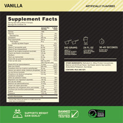 Vaso con batido preparado de Optimum Nutrition Serious Mass listo para consumo post-entreno