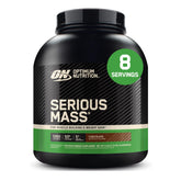 Optimum Nutrition empaque frontal Serious Mass mostrando talla 6lb y sabor chocolate
