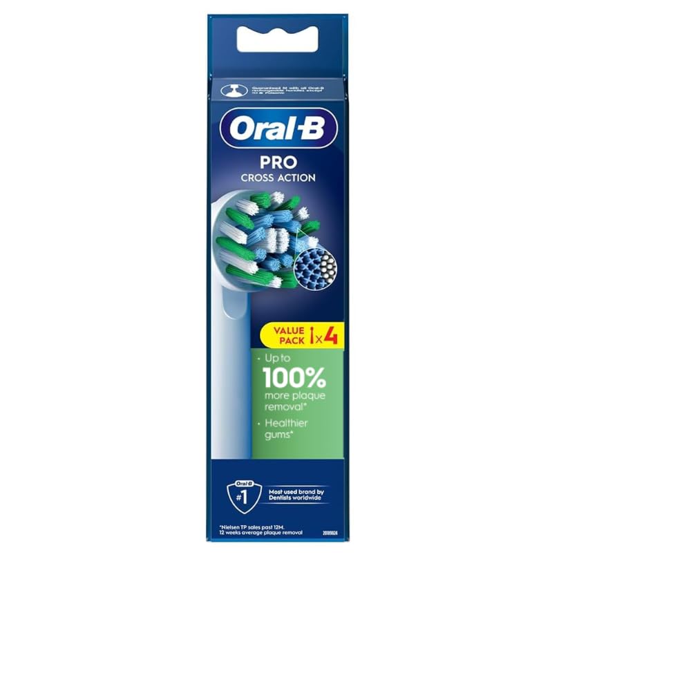 Oral-B vista frontal del paquete con cuatro cabezales, fácil reposición