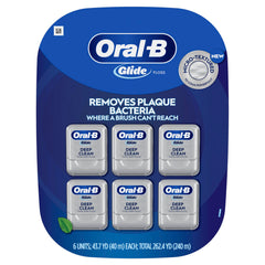 Oral-B Glide pack frontal que muestra las seis bobinas y presentación de valor