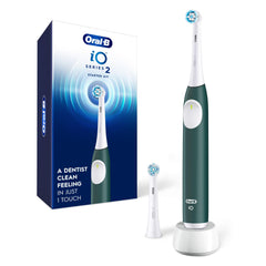 Oral-B iO2 front view showing forest green handle and one-touch control for easy use