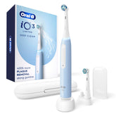 Oral-B iO3 frontal del empaque mostrando el color ICY Blue y beneficios