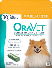 OraVet bolsa frontal amarilla mostrando 30 chews y beneficio de higiene