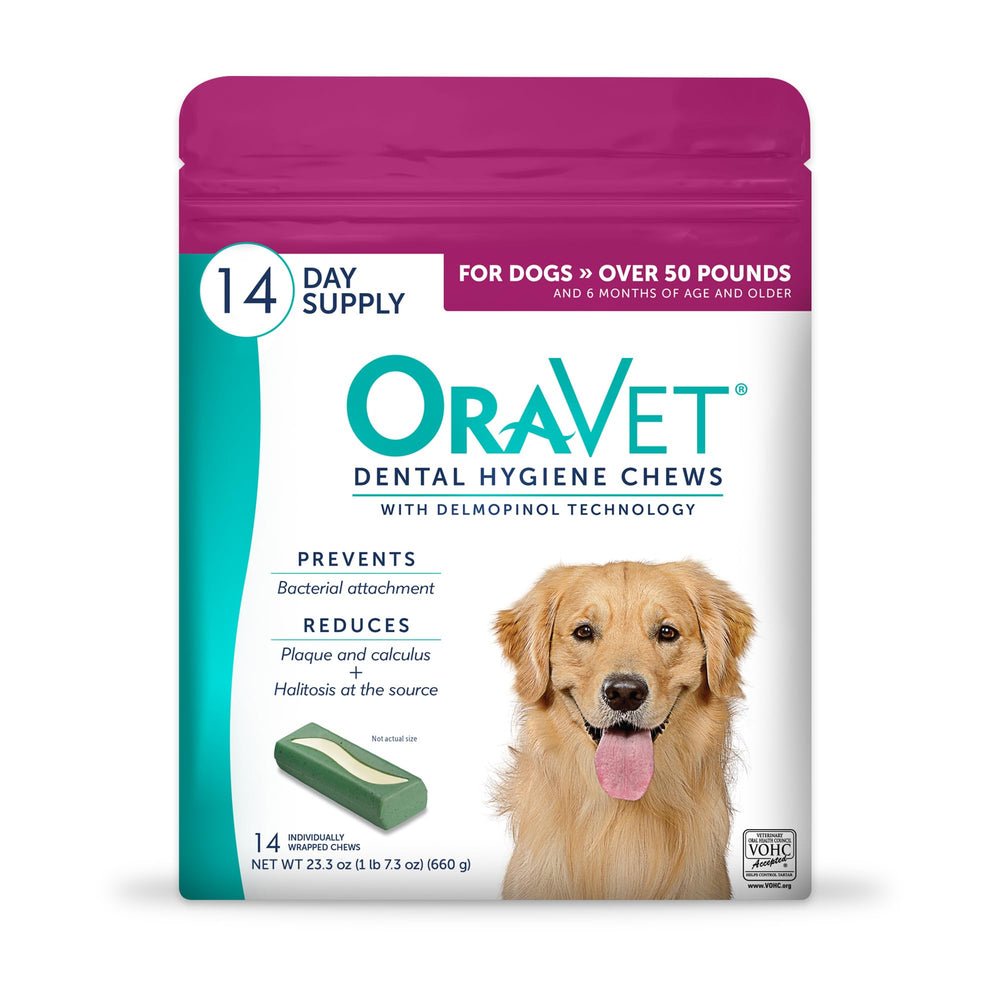ORAVET bolsa rosada frontal mostrando 14 masticables, facilita cuidado diario
