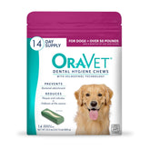 ORAVET bolsa rosada frontal mostrando 14 masticables, facilita cuidado diario