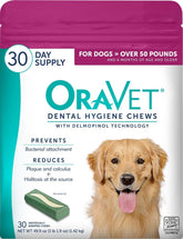 ORAVET paquete frontal mostrando 30 masticables y beneficio de higiene