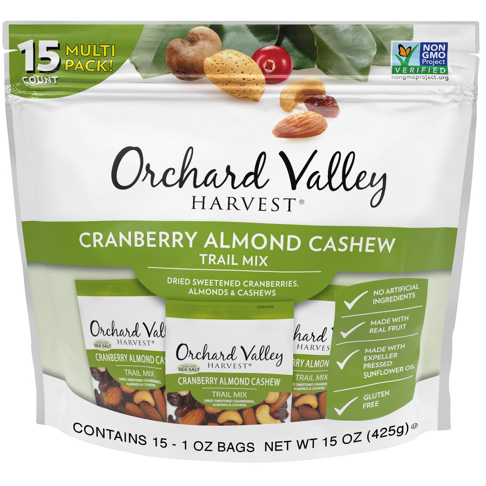Orchard Valley Harvest frente del empaque mostrando la bolsa individual y el logo