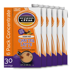 Oregon Chai botella frontal pack de seis mostrando ahorro y conveniencia