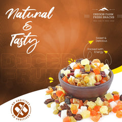 OREGON FARM FRESH SNACKS primer plano de la textura de coco, mango y arándanos, evidencia de calidad