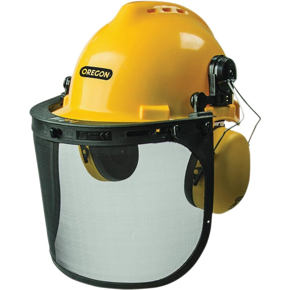 Oregon helmet front view showing visor and ear muffs for clear protection