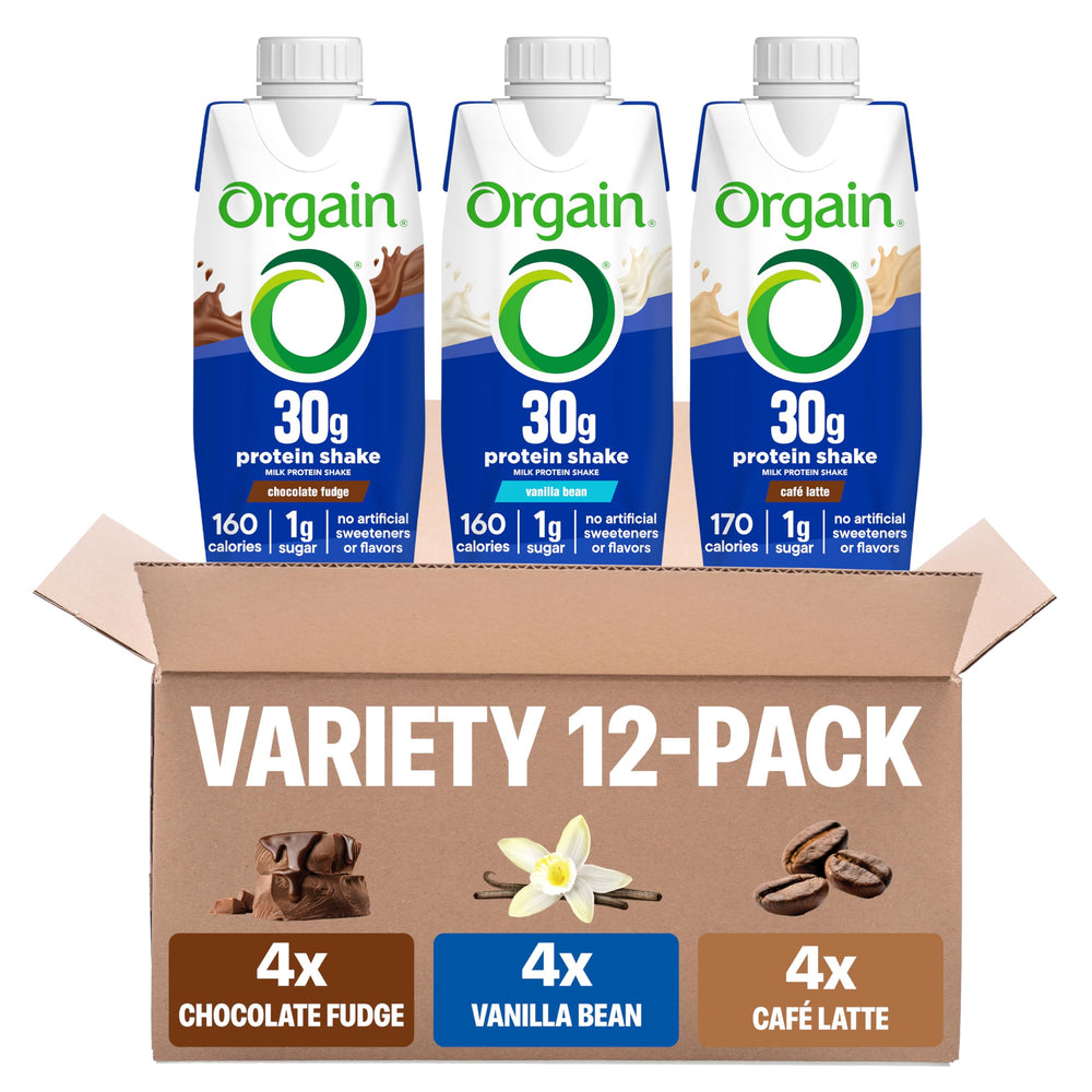 Orgain envase frontal del pack 12 unidades con información visible y atractivo
