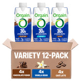 Orgain envase frontal del pack 12 unidades con información visible y atractivo