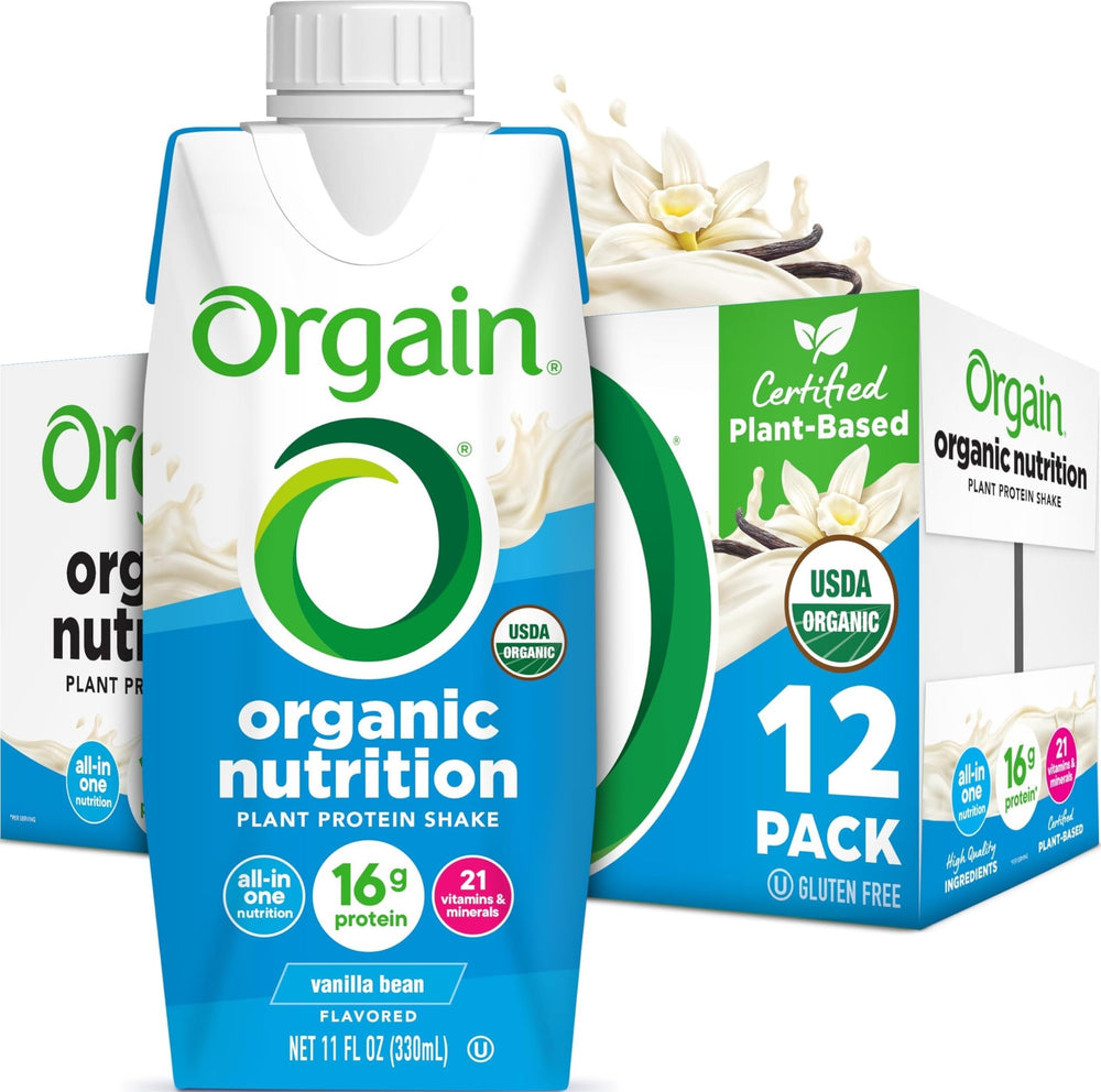 Orgain batido vainilla frontal mostrando diseño y tamaño práctico