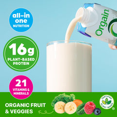 Orgain batido vainilla vertido demostrando textura cremosa