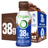 Orgain botella frontal sabor chocolate mostrando etiqueta y nutrición práctica
