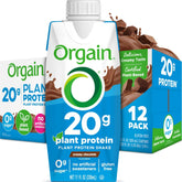 Orgain botella frontal sabor chocolate mostrando diseño y beneficios prácticos