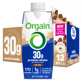 Orgain café latte frente pack mostrando la botella y beneficio práctico