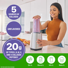 Cucharada con porción de Orgain Multi Collagen que muestra la dosis diaria recomendada