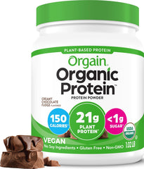 Orgain envase frontal de Creamy Chocolate Fudge mostrando diseño y tamaño del producto
