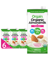 Orgain frente del empaque mostrando la vainilla y 10 g proteína, beneficio conveniencia