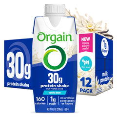 Orgain frente del paquete de 12 batidos, conveniente para llevar