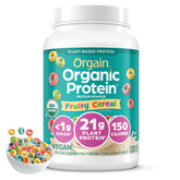 Orgain envase frontal Fruity Cereal mostrando etiqueta y beneficios