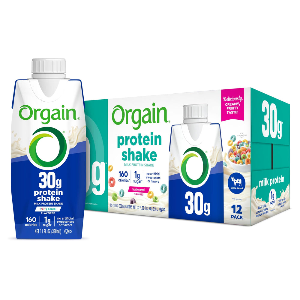 Orgain botella frontal mostrando etiqueta y sabor Fruity Cereal, conveniencia inmediata