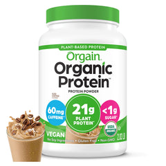 Orgain envase frontal mostrando sabor Iced Coffee y beneficios orgánicos