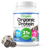 Orgain envase frontal Cookies & Cream mostrando etiqueta y beneficio proteico