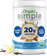 Orgain envase frontal del polvo mostrando el tamaño y fuente de proteína