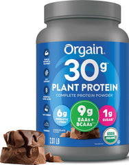 Orgain envase frontal chocolate mostrando tamaño y diseño de marca