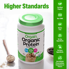 Orgain etiqueta nutricional con 21g proteína, 1g azúcar y 170 calorías