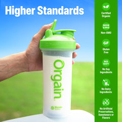 Orgain batido cremoso servido en vaso, sabor vainilla y sin grumos