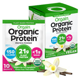 Orgain envase frontal con diseño que muestra proteína vegana y beneficios